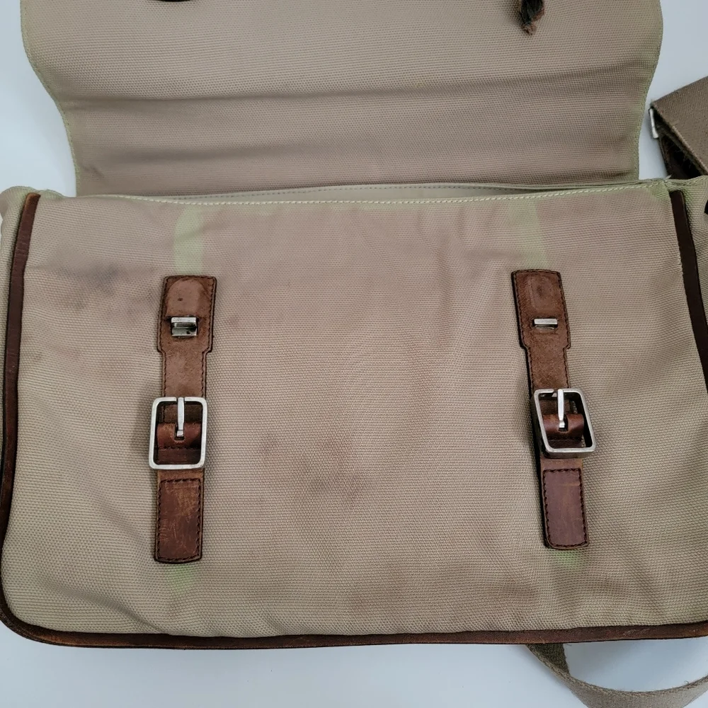 Vintage Bally Laptop Soft Briefcase Beige Nylon Brown Leather Messenger Bag